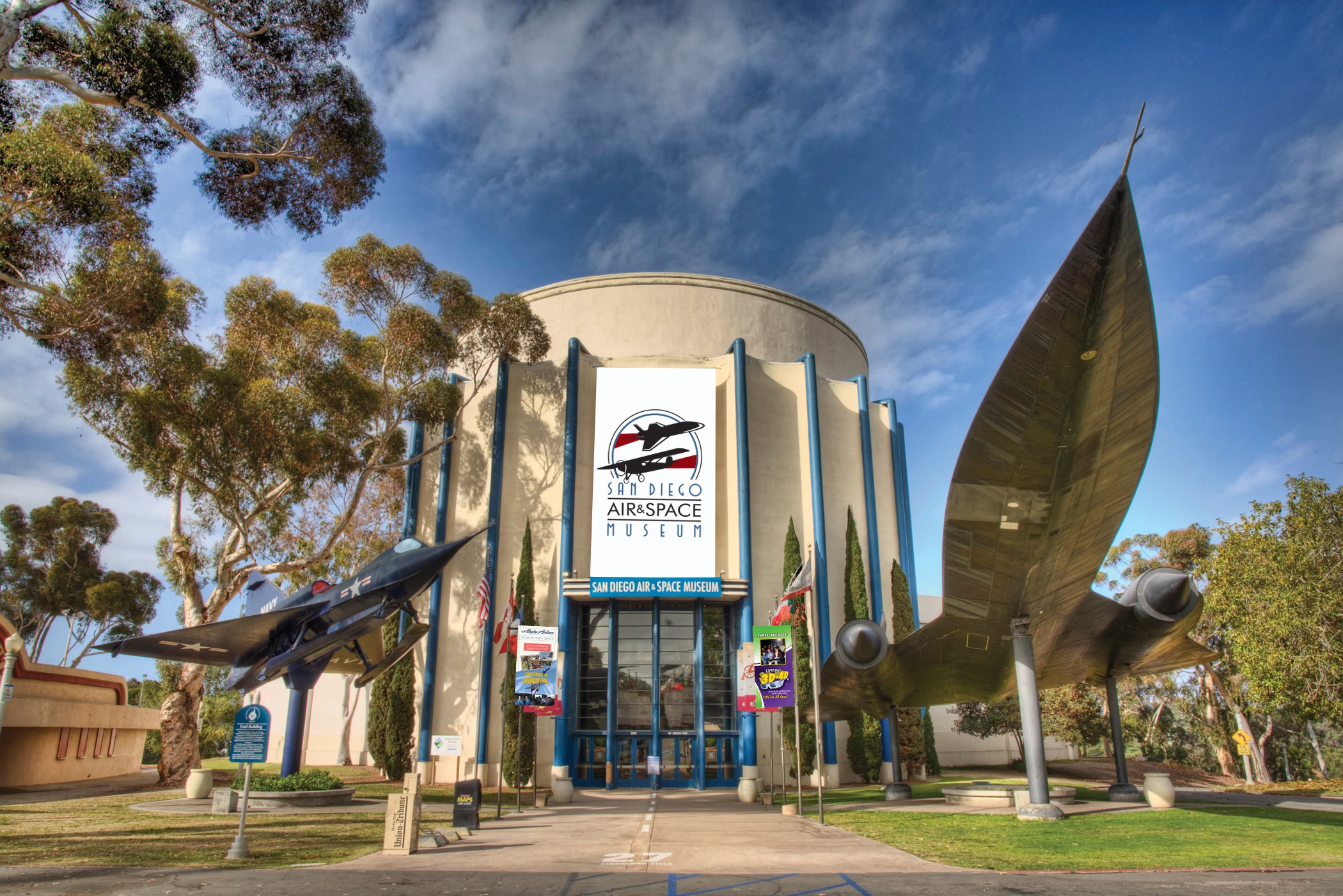 Entrance to the San Diego Air & Space Museum (formerly the Ford Building), with a Convair YF2Y-1 Seadart on the left and a Lockheed A-12 Oxcart on the right.