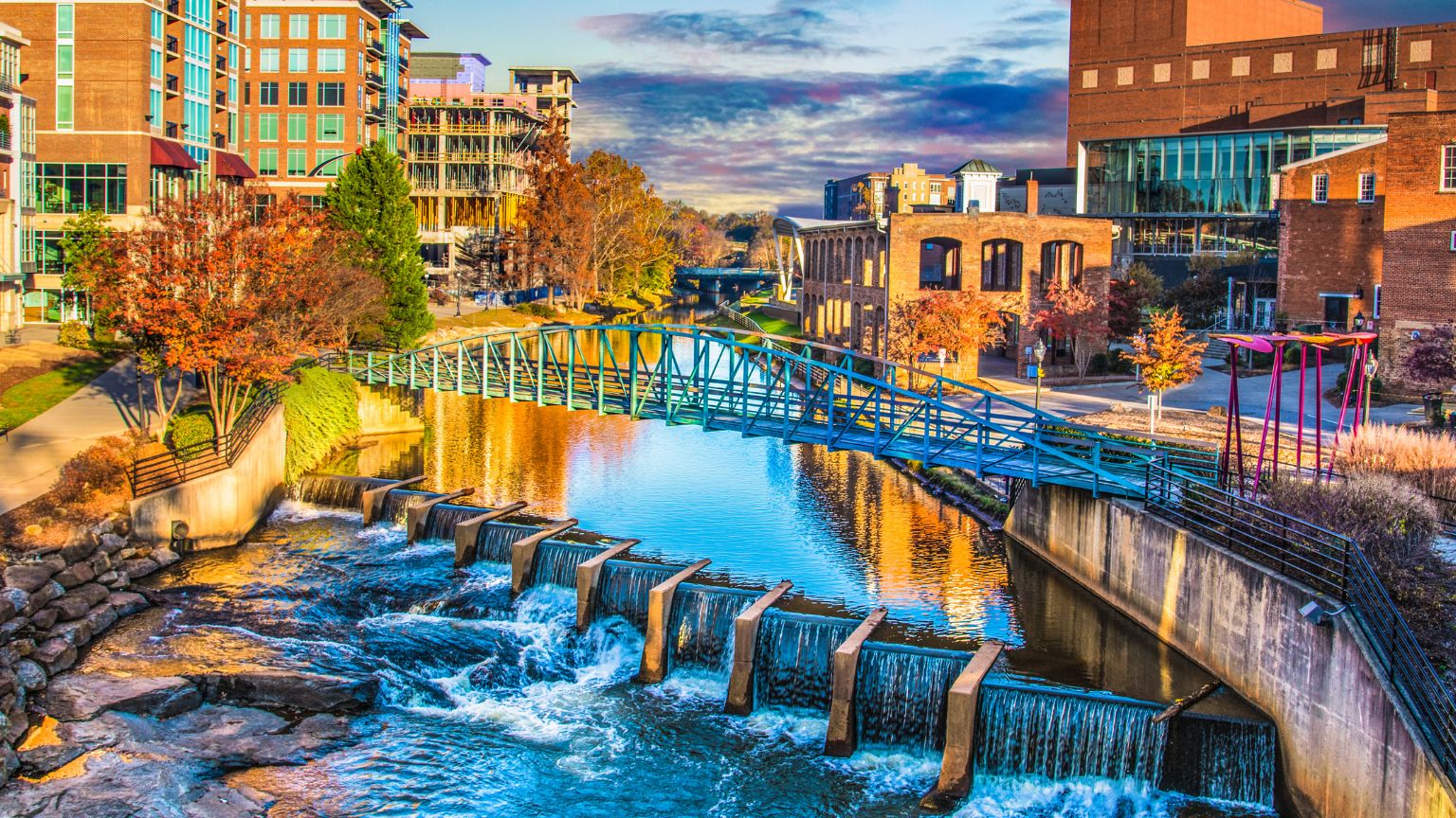 city street waterfall bridge greenville