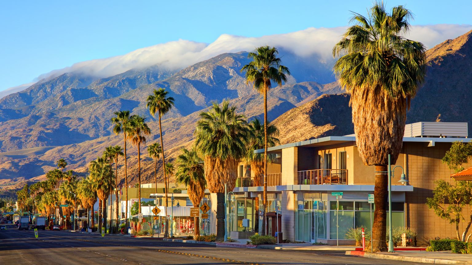 main street palm trees mountain 