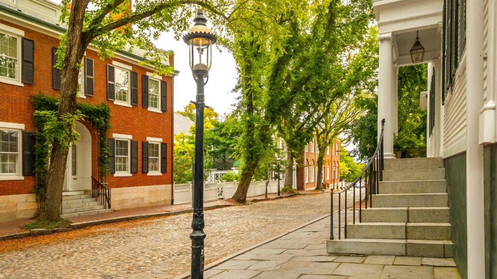 mainstreet nantucket buildings lamp trees 