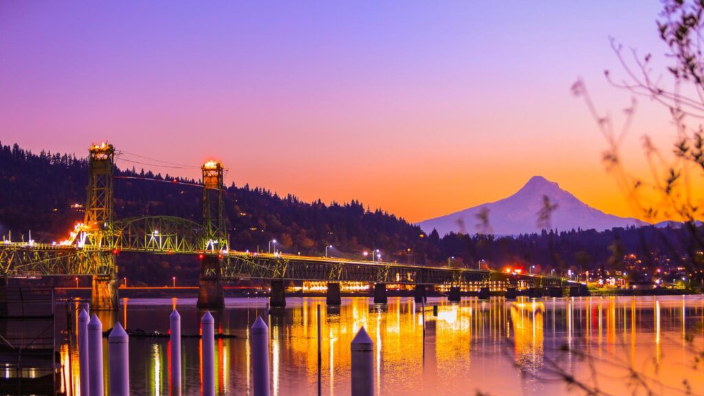 hood river valley town bridge sunset