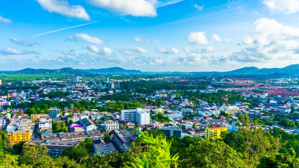 Thailand Coastal Town Beach Buildings Mountains